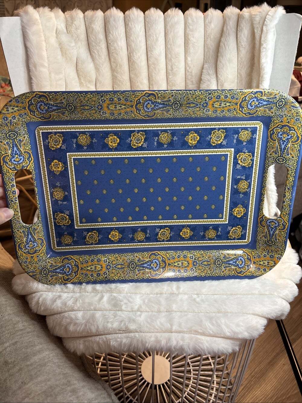 Vintage 90s Marat d'Avignon Melamine Tray Bastide Blue Yellow France 15.5x10.75 - Picture 8 of 8